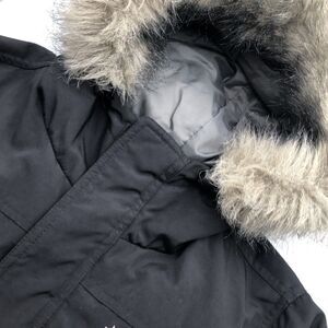 Vintage Aeropostale Womens Down Jacket Size Small Black Faux Fur Hood Belted